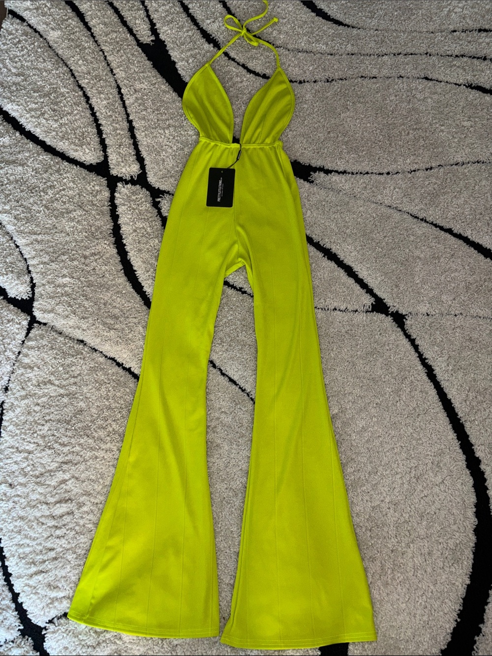 PrettyLittleThing Neon Lime Halter Flared Jumpsuit